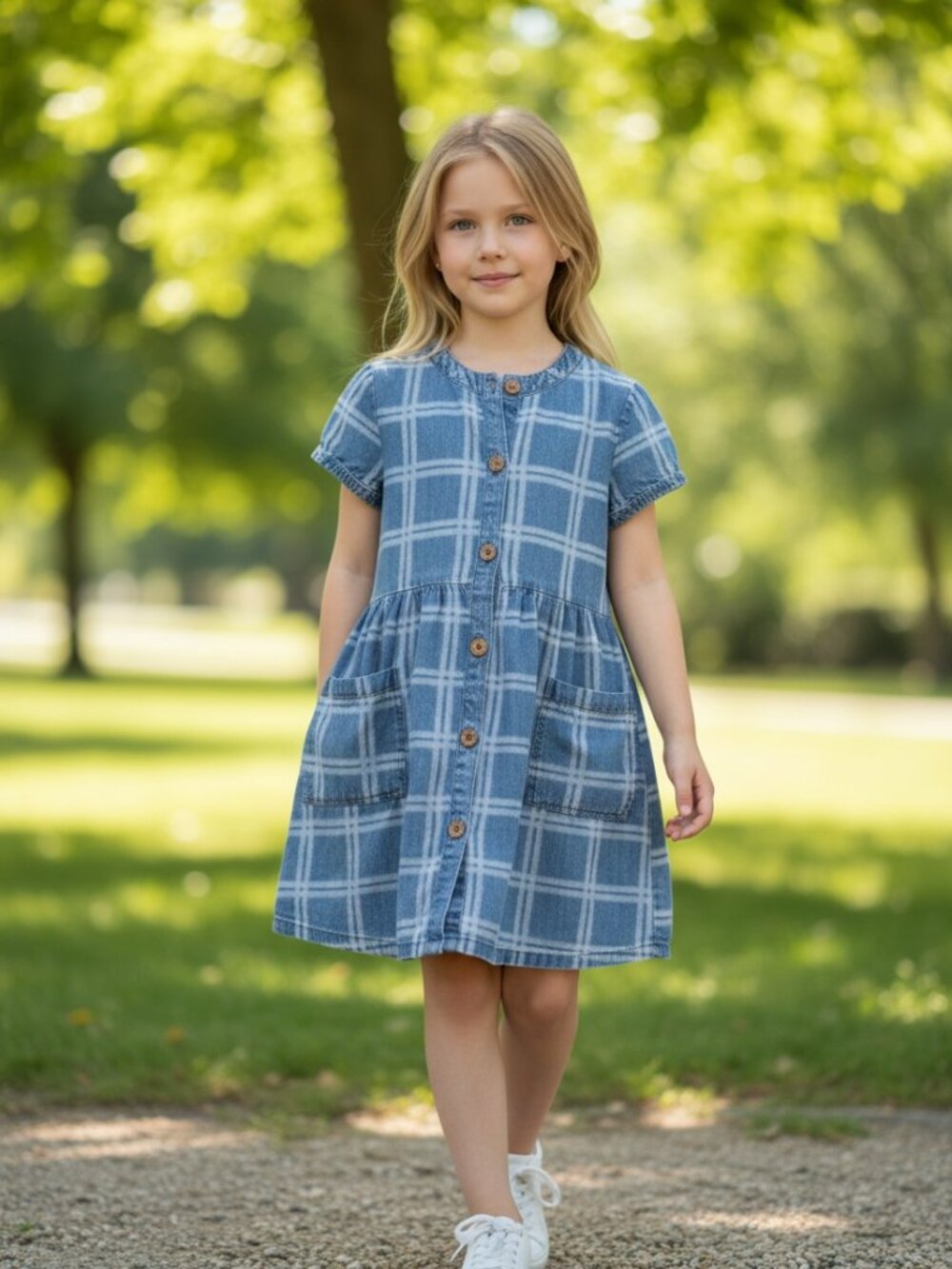 Wonder Nation Girls M (7-8) Plaid Denim Button Front Skater Dress EUC Windowpane